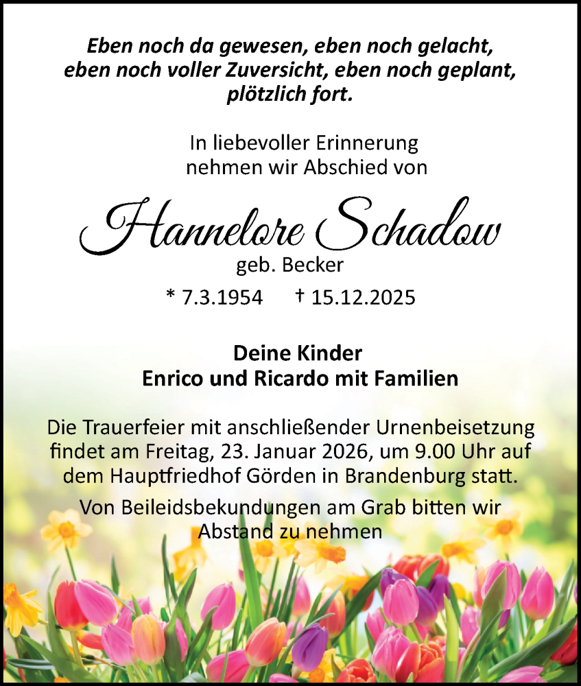  Traueranzeige für Hannelore Schaßow vom 10.01.2026 aus Märkische Oderzeitung