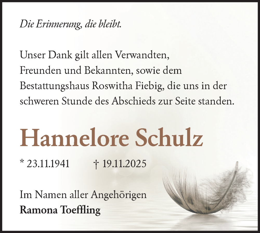  Traueranzeige für Hannelore Schulz vom 10.01.2026 aus Märkische Oderzeitung