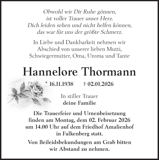 Traueranzeige von Hannelore Thormann von MO Oderld.-Echo