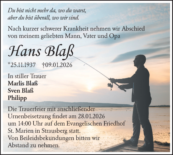 Traueranzeige von Hans Blaß von Märkische Oderzeitung