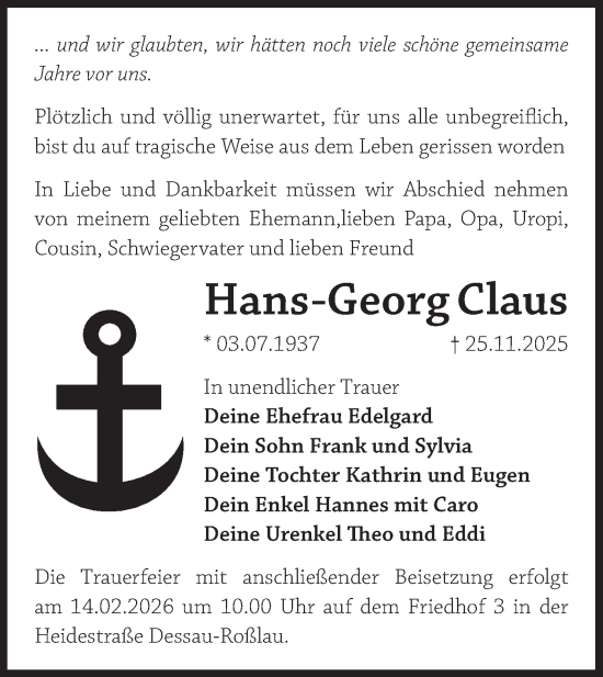 Traueranzeige von Hans-Georg Claus von Blickpunkt Potsdam/Werder