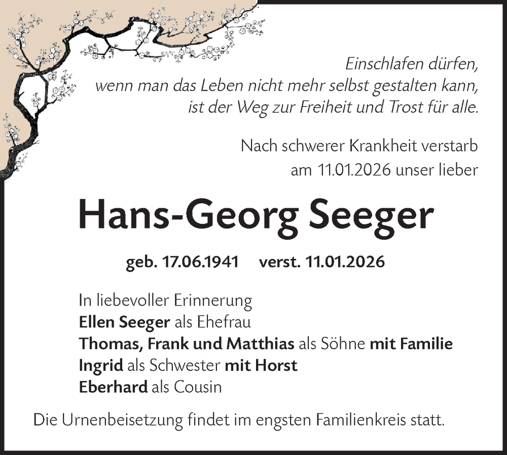  Traueranzeige für Hans-Georg Seeger vom 17.01.2026 aus Märkische Oderzeitung