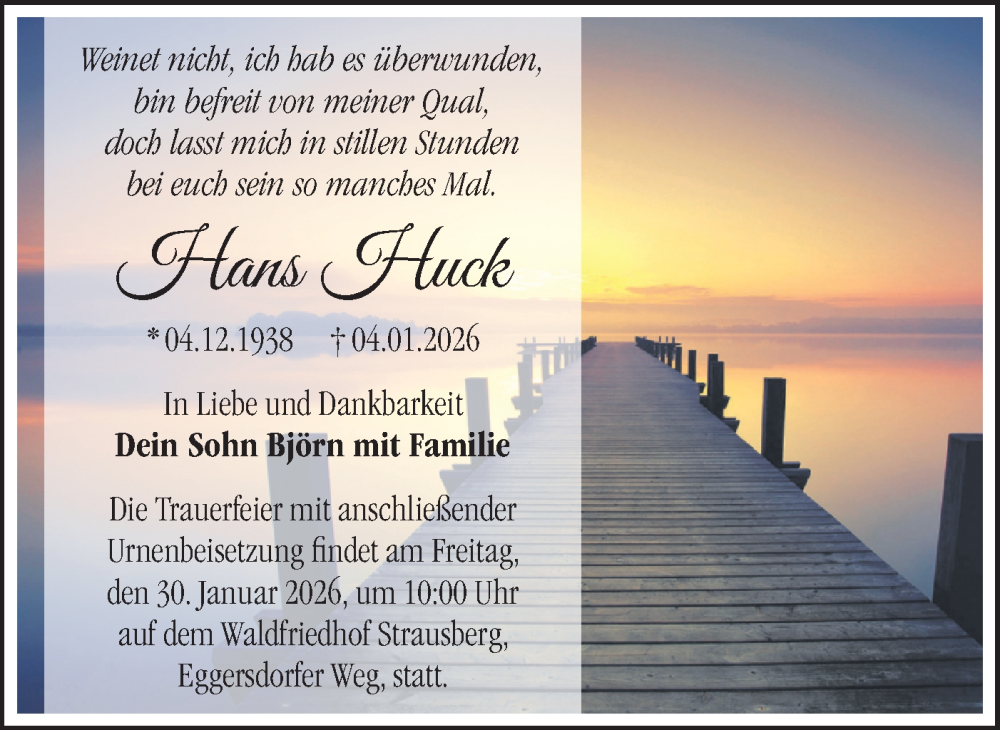  Traueranzeige für Hans Huck vom 10.01.2026 aus Märkische Oderzeitung