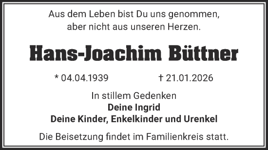 Traueranzeige von Hans-Joachim Büttner von Märkische Oderzeitung
