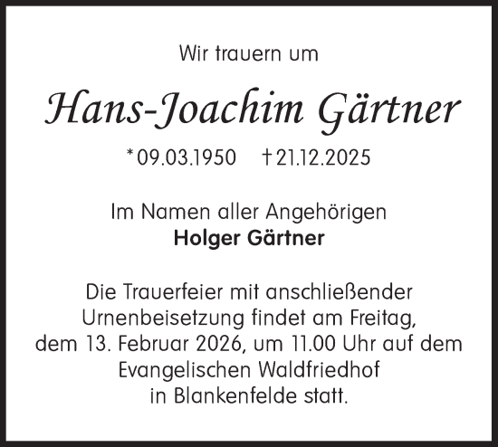 Traueranzeige von Hans-Joachim Gärtner von Blickpunkt Ludwigsfelde/Zossen