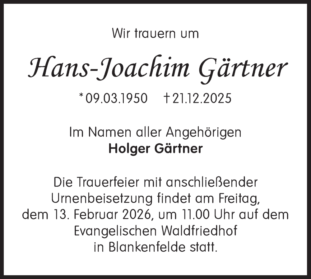  Traueranzeige für Hans-Joachim Gärtner vom 24.01.2026 aus Blickpunkt Ludwigsfelde/Zossen