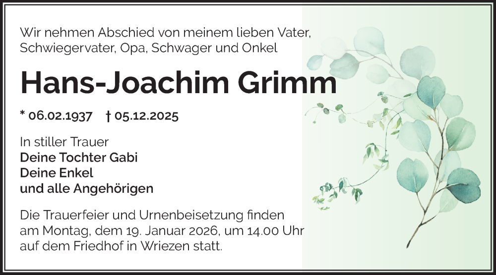  Traueranzeige für Hans-Joachim Grimm vom 10.01.2026 aus MO Oderld.-Echo