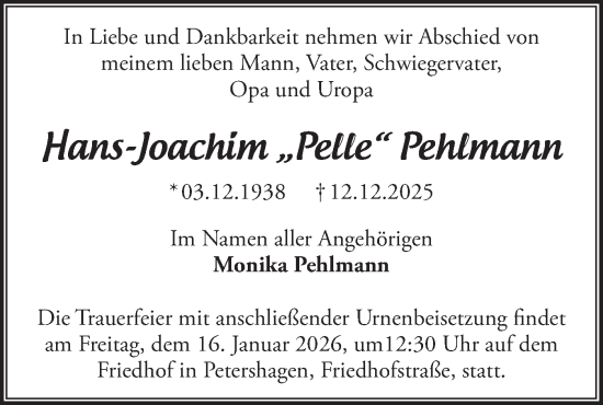 Traueranzeige von Hans-Joachim Pehlmann von Märkische Oderzeitung