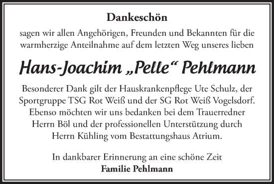 Traueranzeige von Hans-Joachim Pehlmann von Märkische Oderzeitung
