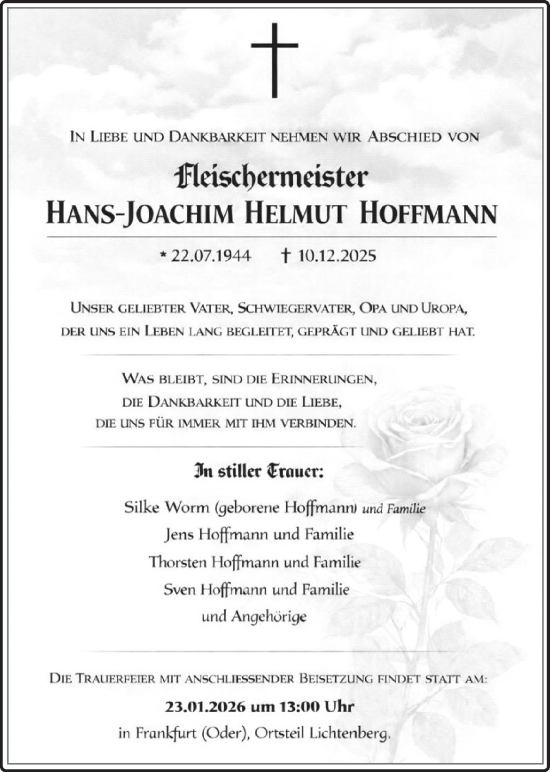 Traueranzeige von Hans-Joachim Helmut Hoffmann von Märkische Oderzeitung