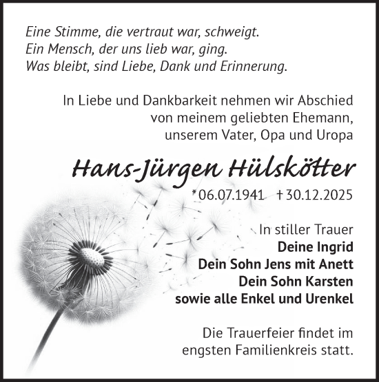 Traueranzeige von Hans-Jürgen Hülskötter von Märkische Oderzeitung