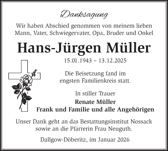 Traueranzeige von Hans-Jürgen Müller von Märkische Oderzeitung