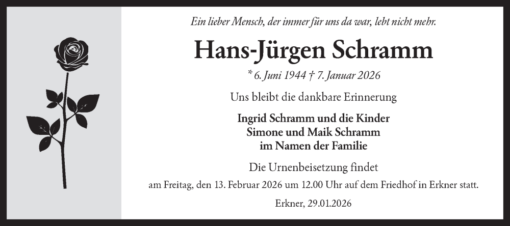  Traueranzeige für Hans-Jürgen Schramm vom 29.01.2026 aus Märkische Oderzeitung