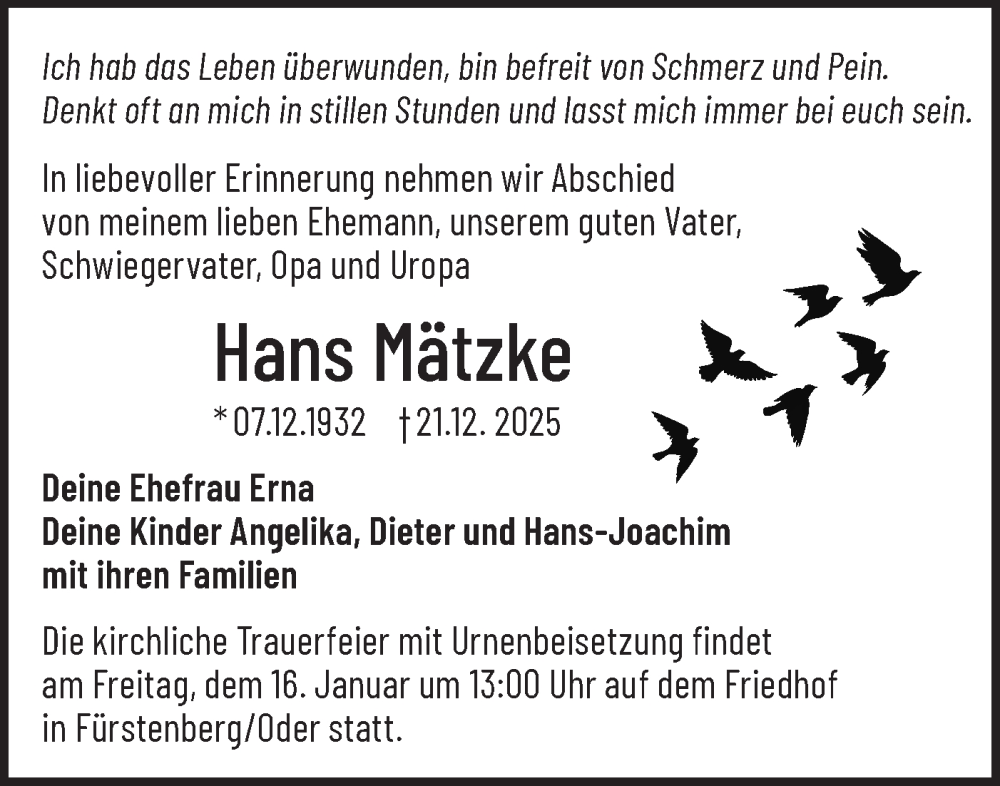  Traueranzeige für Hans Mätzke vom 10.01.2026 aus Märkische Oderzeitung