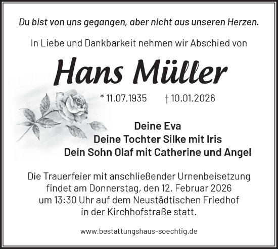 Traueranzeige von Hans Müller von Märkische Oderzeitung