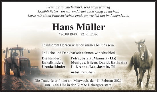 Traueranzeige von Hans Müller von Märkische Oderzeitung