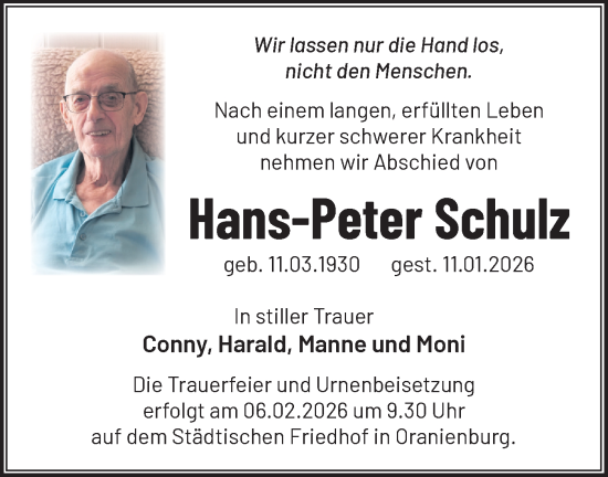 Traueranzeige von Hans-Peter Schulz von Märkische Oderzeitung