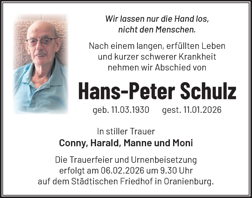  Traueranzeige für Hans-Peter Schulz vom 24.01.2026 aus Märkische Oderzeitung