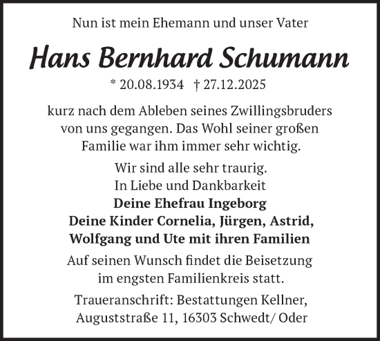 Traueranzeige von Hans Bernhard Schumann von MO Uckerm.-Anz.