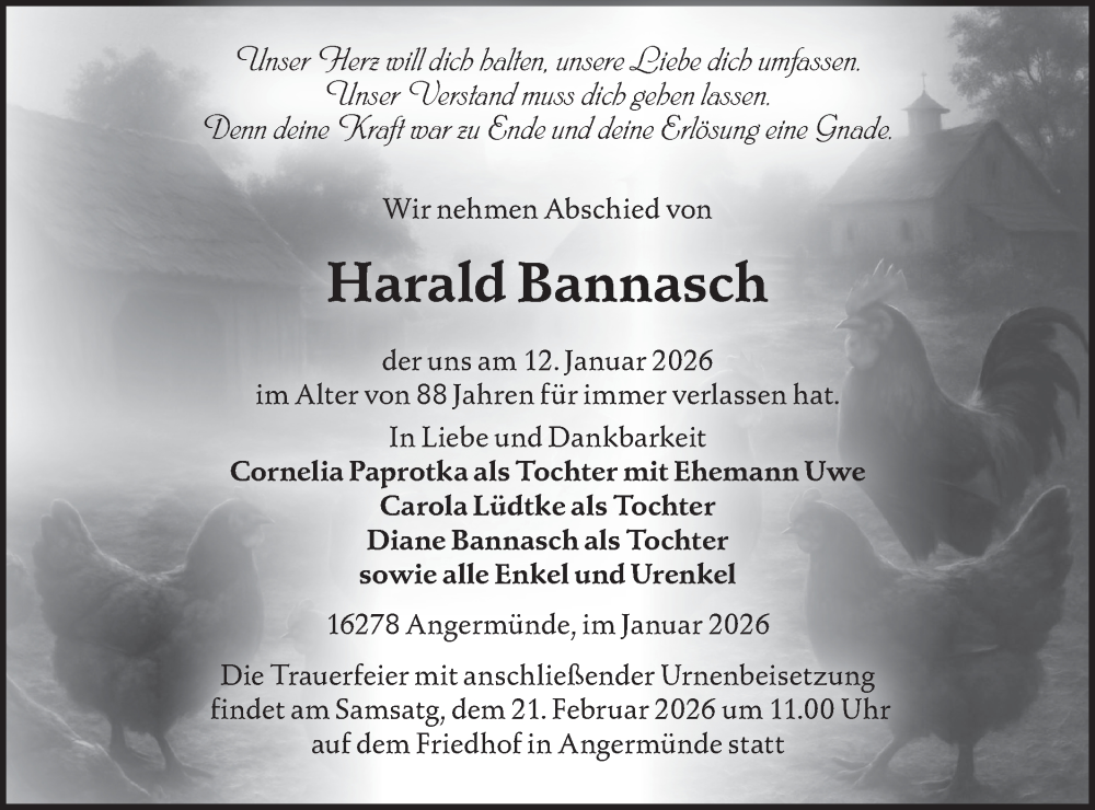 Traueranzeige für Harald Bannasch vom 24.01.2026 aus MO Uckerm.-Anz.