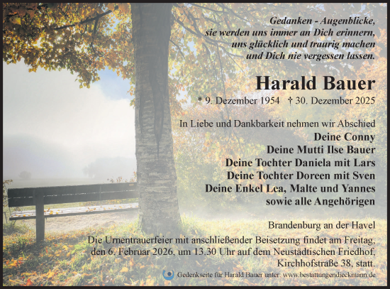 Traueranzeige von Harald Bauer von Märkische Oderzeitung