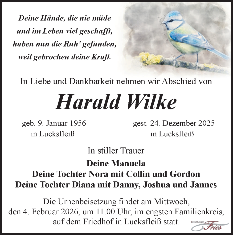  Traueranzeige für Harald Wilke vom 10.01.2026 aus Märkische Oderzeitung