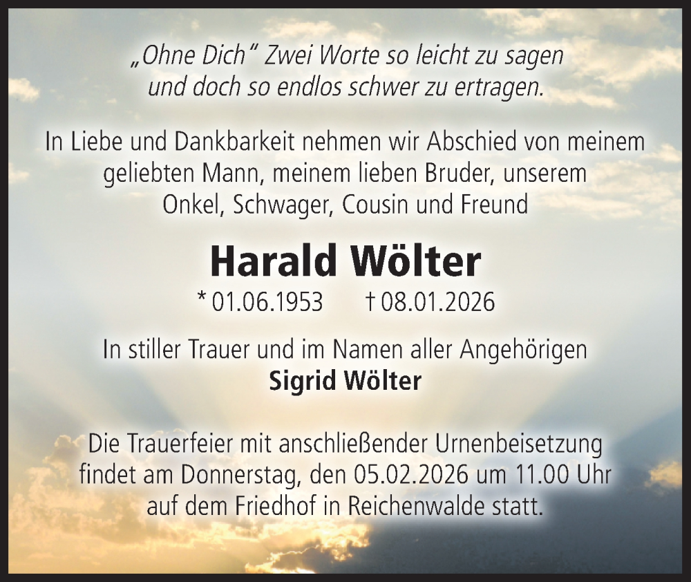  Traueranzeige für Harald Wölter vom 31.01.2026 aus Märkische Oderzeitung