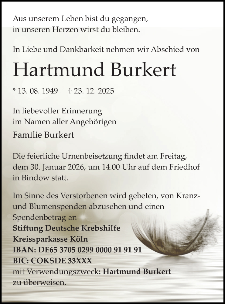  Traueranzeige für Hartmund Burkert vom 10.01.2026 aus Blickpunkt Königs Wusterhausen