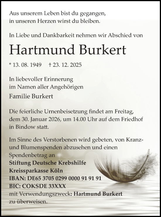 Traueranzeige von Hartmund Burkert von Blickpunkt Königs Wusterhausen