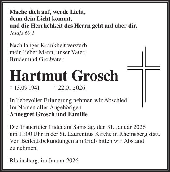 Traueranzeige von Hartmut Grosch von Märkische Oderzeitung