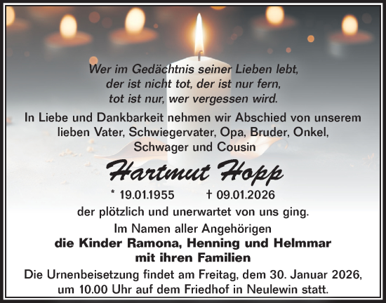 Traueranzeige von Hartmut Hopp von MO Oderld.-Echo