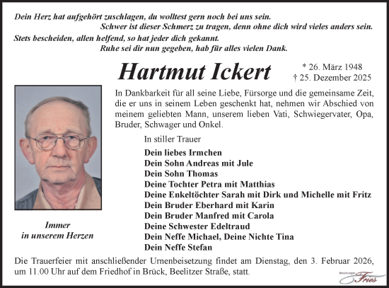 Traueranzeige von Hartmut Ickert von Märkische Oderzeitung