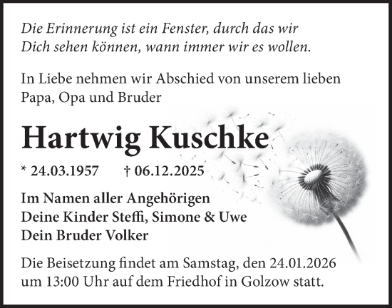 Traueranzeige von Hartwig Kuschke von MO Oderld.-Echo