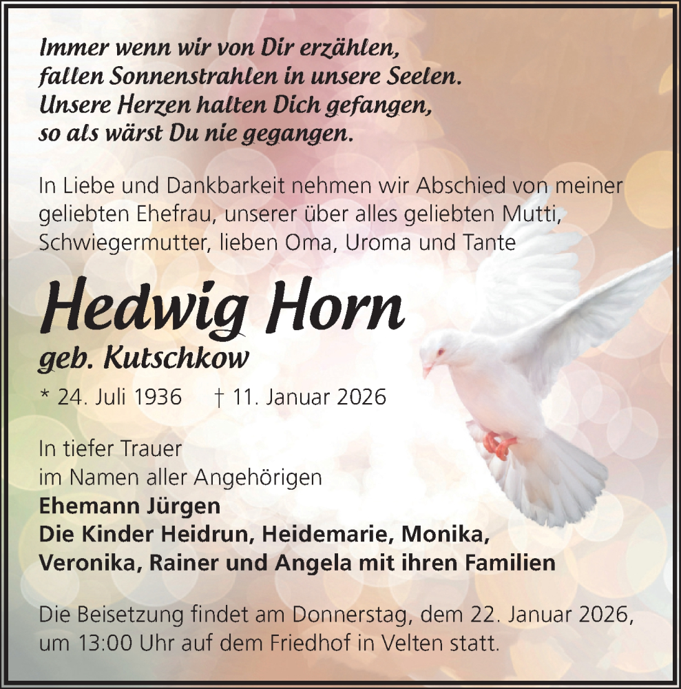  Traueranzeige für Hedwig Horn vom 17.01.2026 aus Märkische Oderzeitung