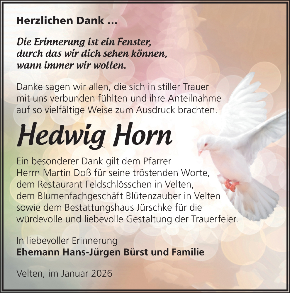  Traueranzeige für Hedwig Horn vom 31.01.2026 aus Märkische Oderzeitung