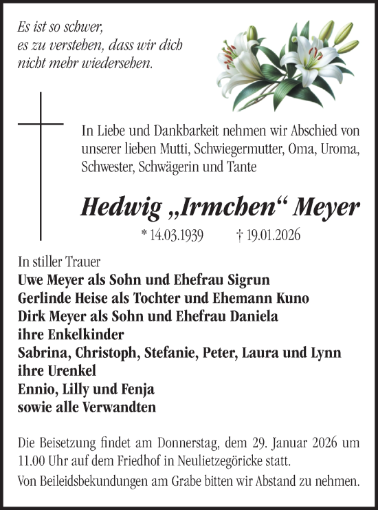 Traueranzeige von Hedwig Meyer von MO Oderld.-Echo
