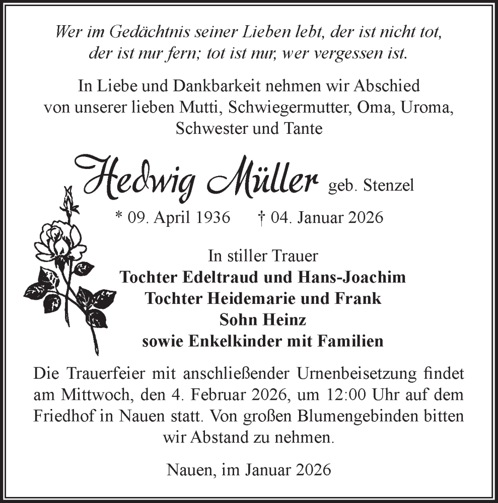  Traueranzeige für Hedwig Müller vom 17.01.2026 aus Märkische Oderzeitung