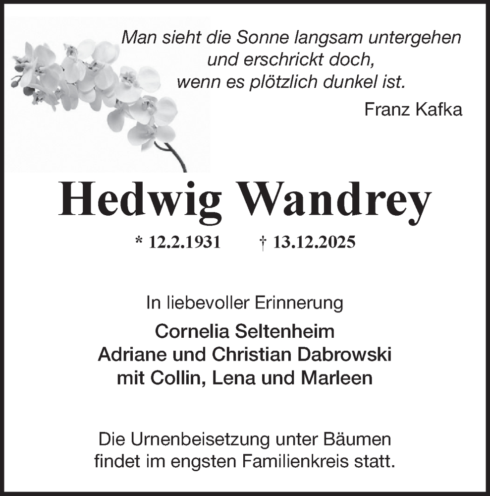  Traueranzeige für Hedwig Wandrey vom 10.01.2026 aus Märkische Oderzeitung