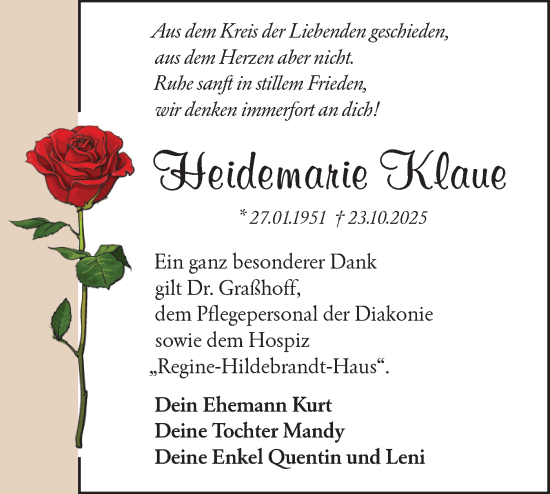 Traueranzeige von Heidemarie Klaue von Märkische Oderzeitung