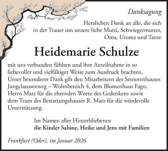 Traueranzeige von Heidemarie Schulze von Märkische Oderzeitung