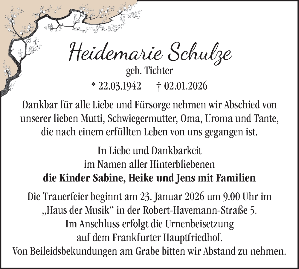  Traueranzeige für Heidemarie Schulze vom 17.01.2026 aus Märkische Oderzeitung
