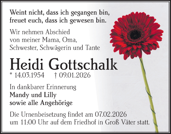 Traueranzeige von Heidi Gottschalk von Märkische Oderzeitung