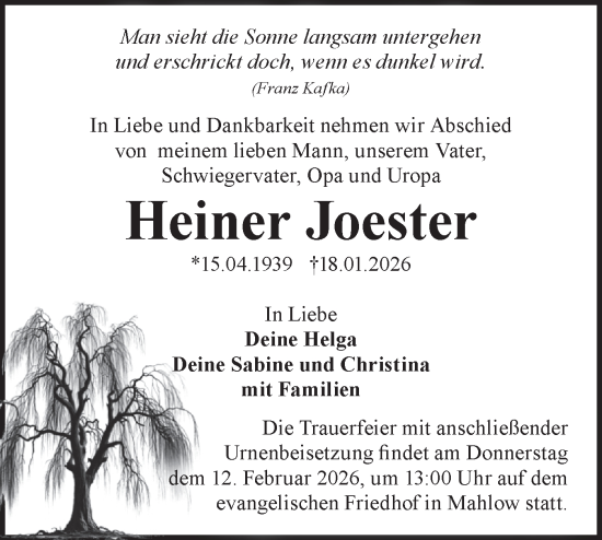 Traueranzeige von Heiner Joester von Blickpunkt Ludwigsfelde/Zossen