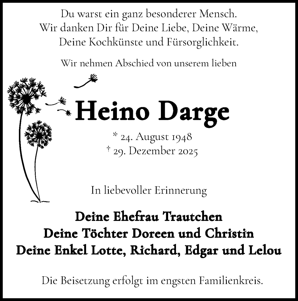  Traueranzeige für Heino Darge vom 17.01.2026 aus Blickpunkt Königs Wusterhausen