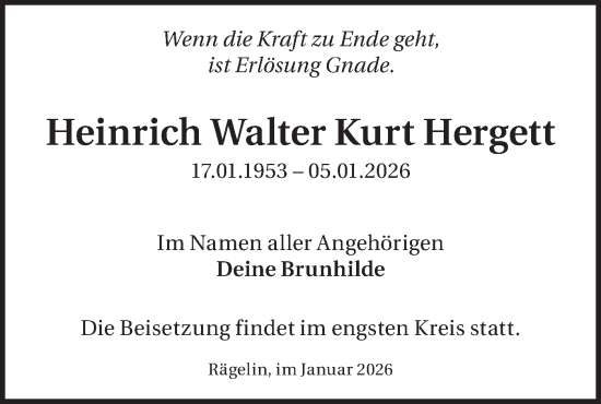 Traueranzeige von Heinrich Walter Kurt Hergett von Märkische Oderzeitung
