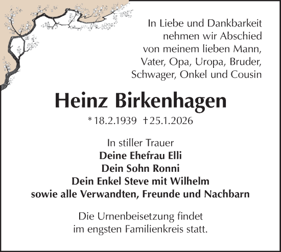 Traueranzeige von Heinz Birkenhagen von Märkische Oderzeitung
