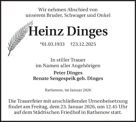 Traueranzeige von Heinz Dinges von Märkische Oderzeitung