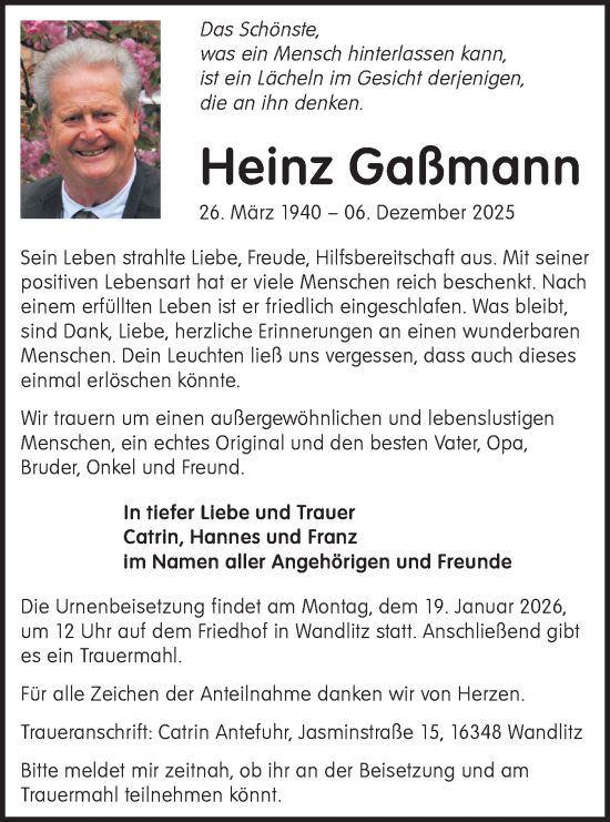 Traueranzeige von Heinz Gaßmann von Märkische Oderzeitung
