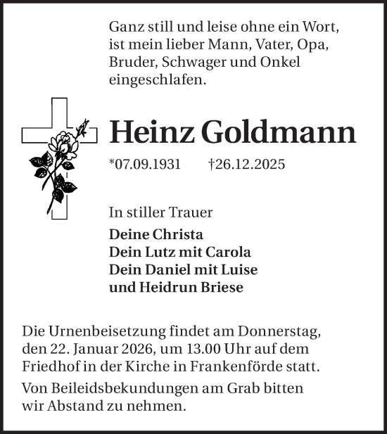 Traueranzeige von Heinz Goldmann von Blickpunkt Jüterbog/Luckenwalde