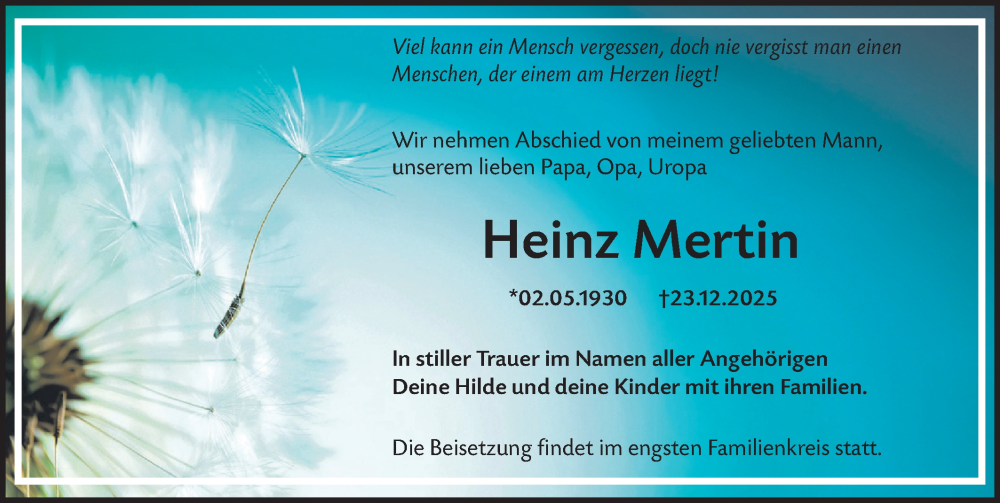  Traueranzeige für Heinz Mertin vom 10.01.2026 aus Märkische Oderzeitung